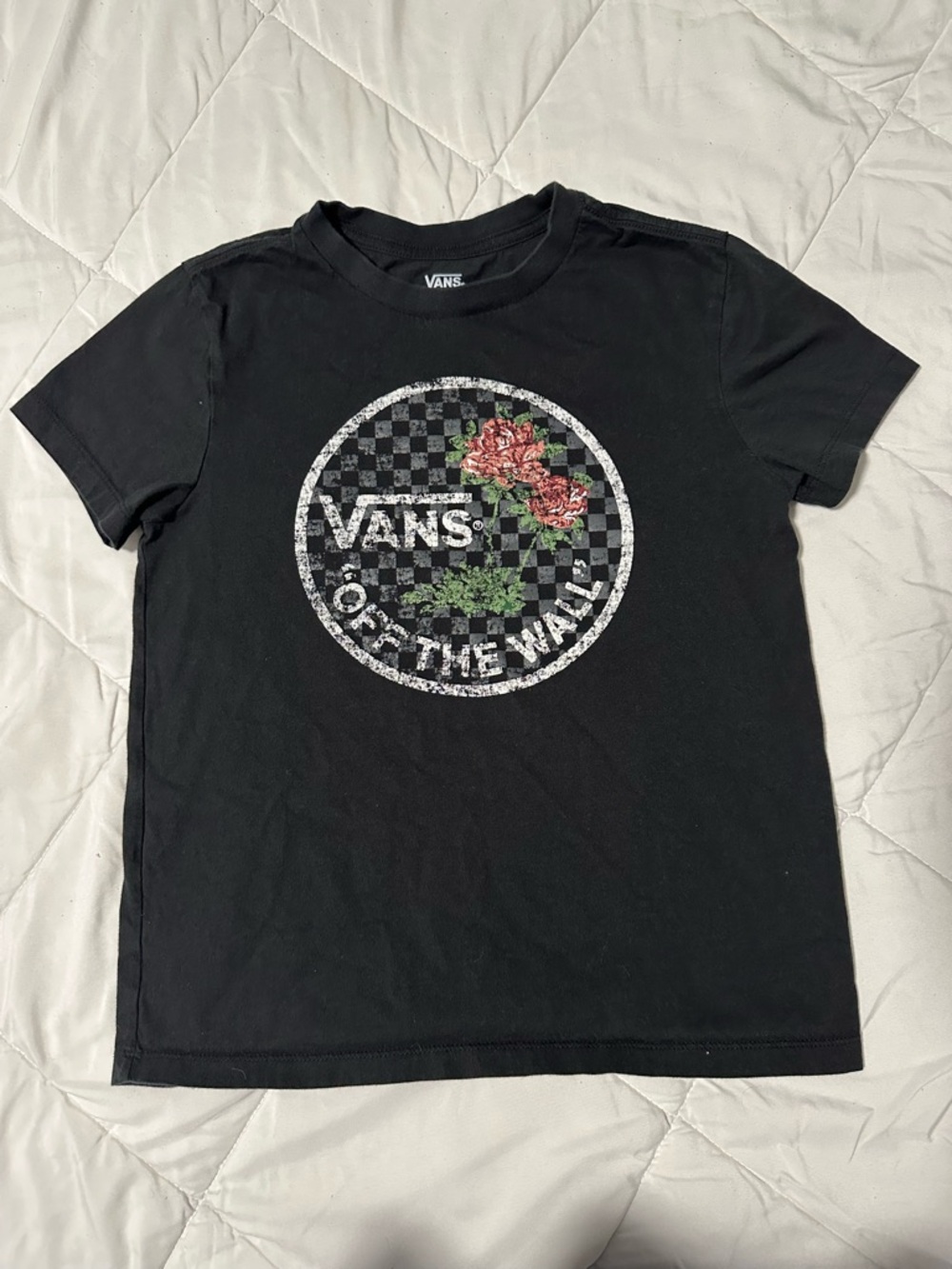 Vans Black Short Sleeve Tee with Checkered Rose Graphic